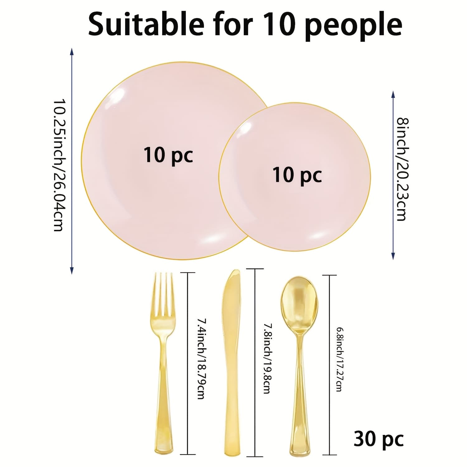 TEMU 50-piece Pink Plastic Plate Set - Pink Disposable Plates With - Includes 10 Dinner Plates, 10 Dessert Plates, 30 Golden Utensils, Suitable For New Year, Birthday Parties, Weddings, And Holiday