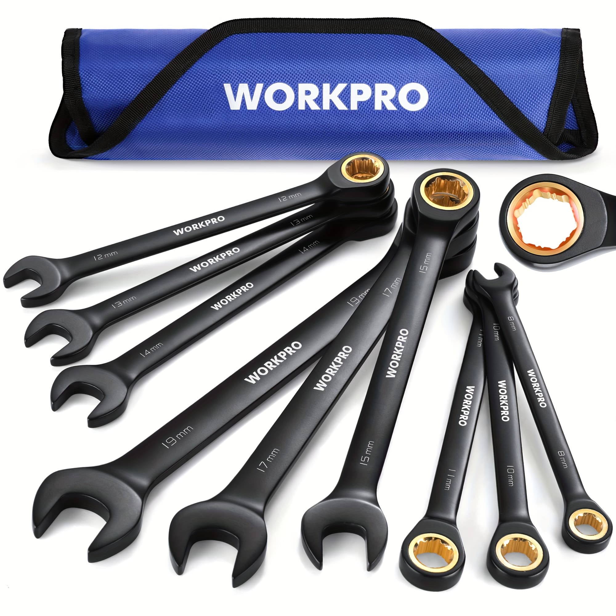 TEMU Workpro 9pcs Anti-slip Ratcheting Wrench Set, Metric 8-19mm, 72-tooth, , Black Ratchet Combination Wrenches With Roll Up Pouch, Fathers Day Gifts