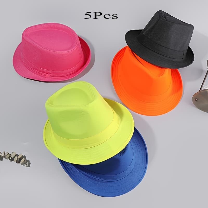 TEMU 5pcs Set For - Colorful Top Hats, Wide Brim Outdoor Sun Hats, Casual & Jazz Styles, (5 Colors) For Festival, Beach, Daily Use - Unisex Sunscreen Hats