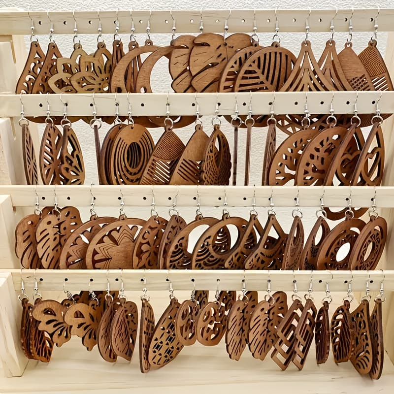 TEMU 20pcs/10 Pairs Pieces Set Vintage Bohemian Women' Earrings With Pumpkin, Drops, Leaf Elements And Wooden Earrings, Women' Wear, Vacation Dating, Holiday Gift