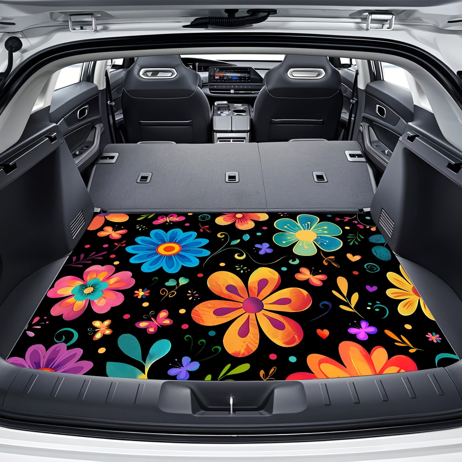 TEMU 1pc Car Trunk Mat, And Love Floral , Non-slip, Wear-resistant, Washable, Car Interior , Universal, Pet Mat, Car Interior Accessory, 40x30in