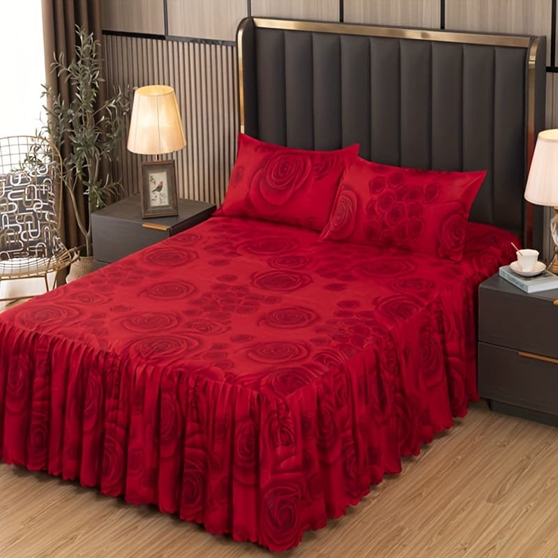 TEMU 3pcs Bed Skirt Set ( Skirt, 2 Pillowcases) Skin-friendly Red Rose Print With Edges, And Comfortable Protective Covers, Anti-slip And, Suitable For All , Bedroom And Bedding