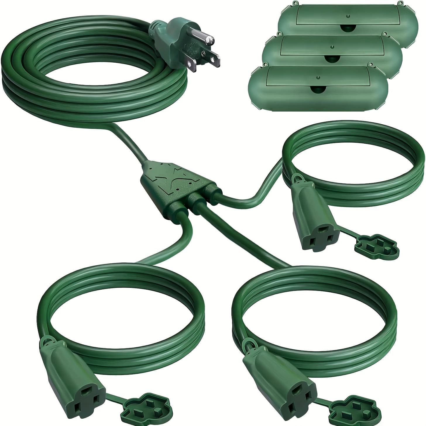 TEMU Extension Cord Splitter, 13ft/28ft/38ft (25ft/40ft/50ft Total), With 3 Covers For Indoor, 16/3 Sjtw Wire Ideal For Holiday Decoration Light, Green