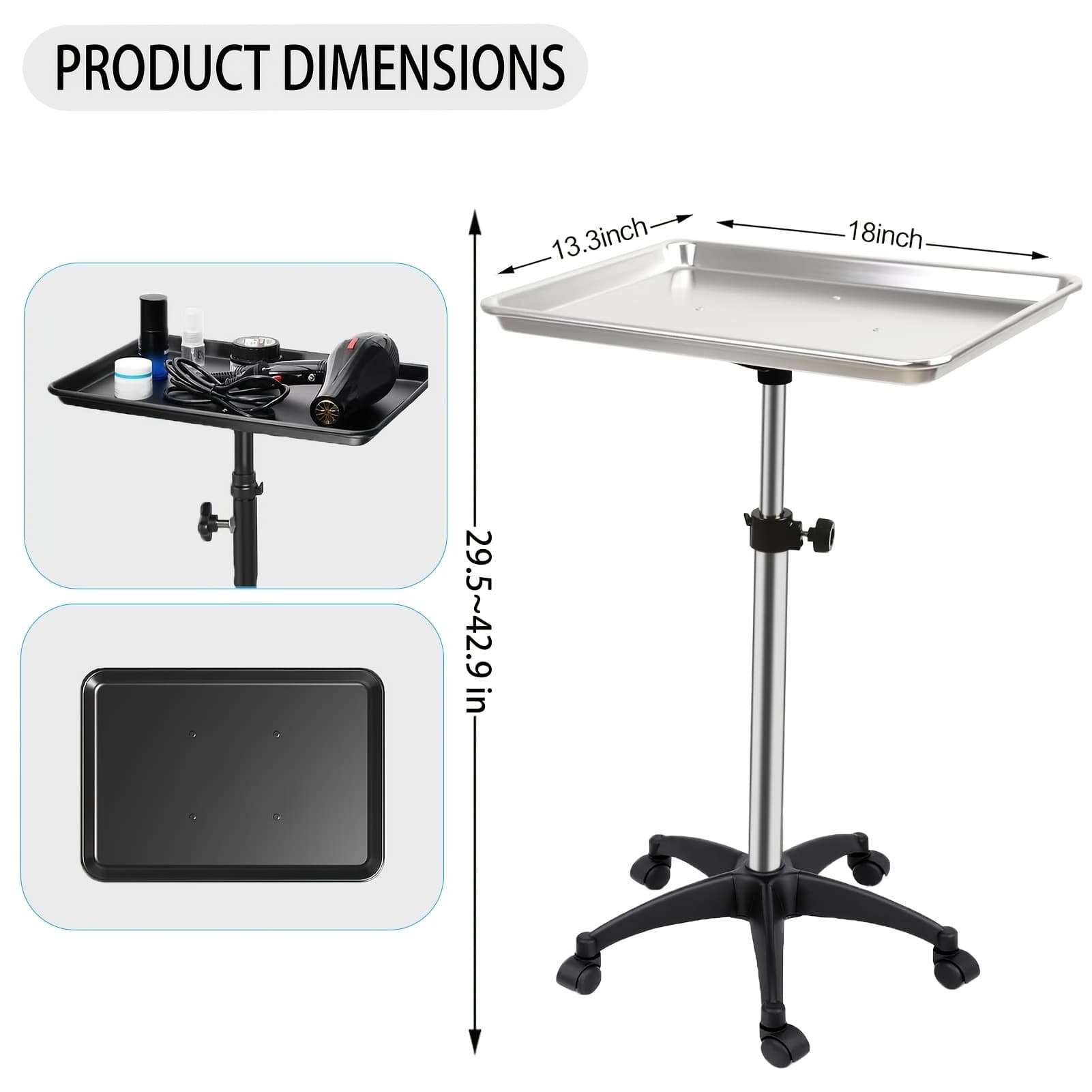 TEMU Salon Rolling Tray, Premium Aluminum Tattoo Tray, Salon Rolling Cart Adjustable Height, Rolling Trolley Tray For Beauty Hairstylist , Silvery/green/pink/black