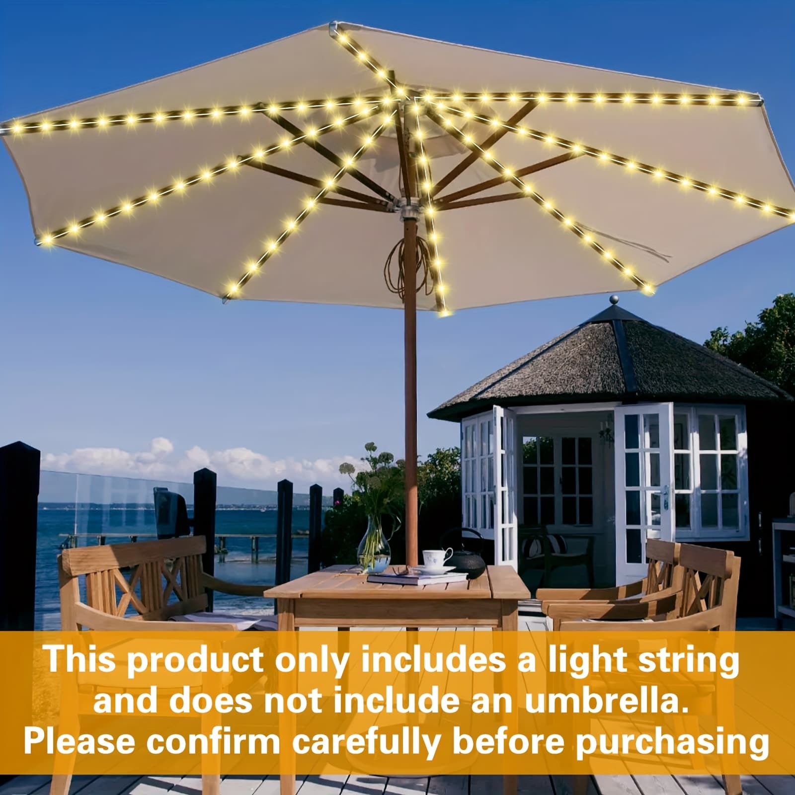 TEMU 1pc 104led Solar Fairy Umbrella Light - Patio Umbrella Lamp With Stand & Base | 8 Warm Lighting For Garden & Poolside | , (this Product Only Includes A Light String And Does Not An Umbrella)