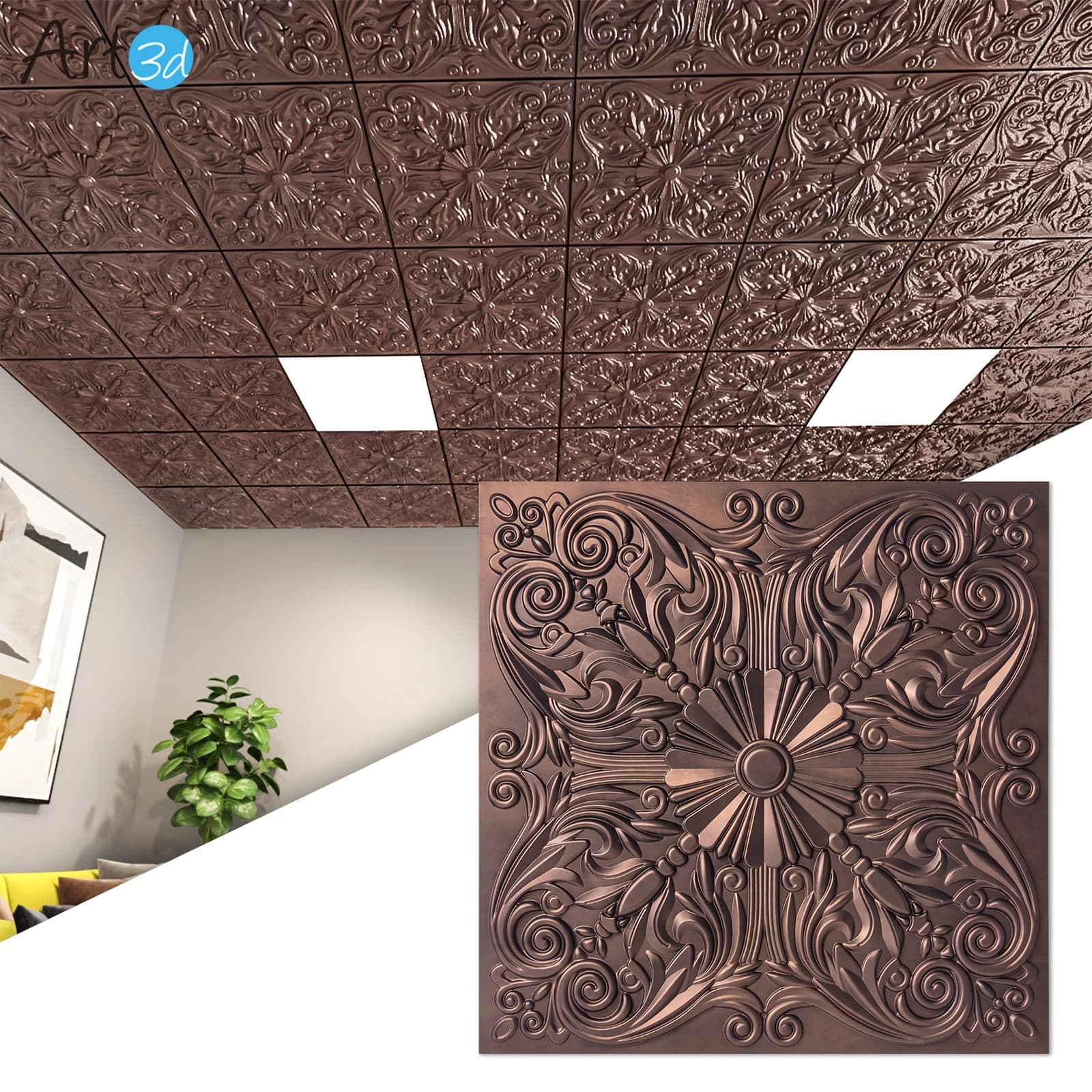 TEMU Art3d 12-pack Drop Ceiling Tiles 24"x24" Ceiling Panel, Fancy In Antique Copper, 48 Sq Ft/case