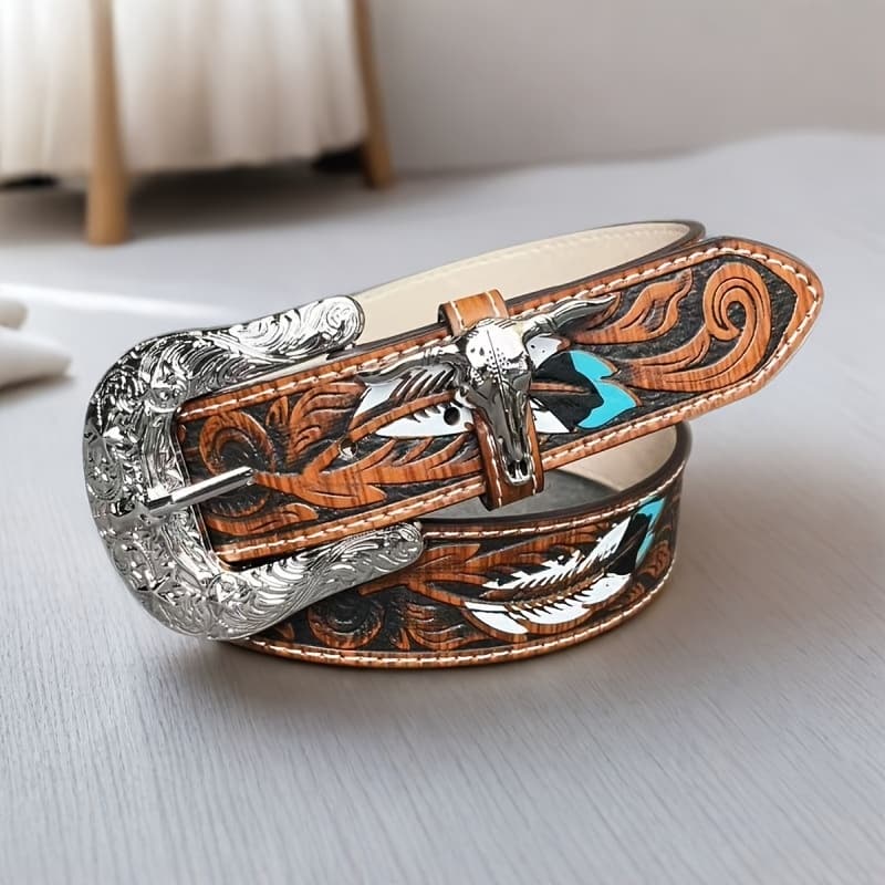 TEMU 1 Men's Western Cowboy Belt - Longhorn Pattern With Printed Engraved Adjustable