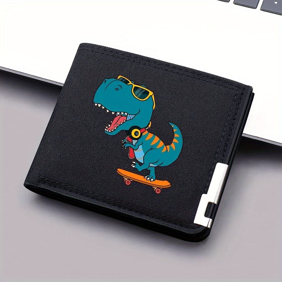 TEMU Dinosaur Pattern Printed Canvas Short Wallet, Fashion Bi-fold Wallet, Credit Card Holder, Lightweight Portable Multi-card Slot Men's Short Wallet (2d Flat Printing)