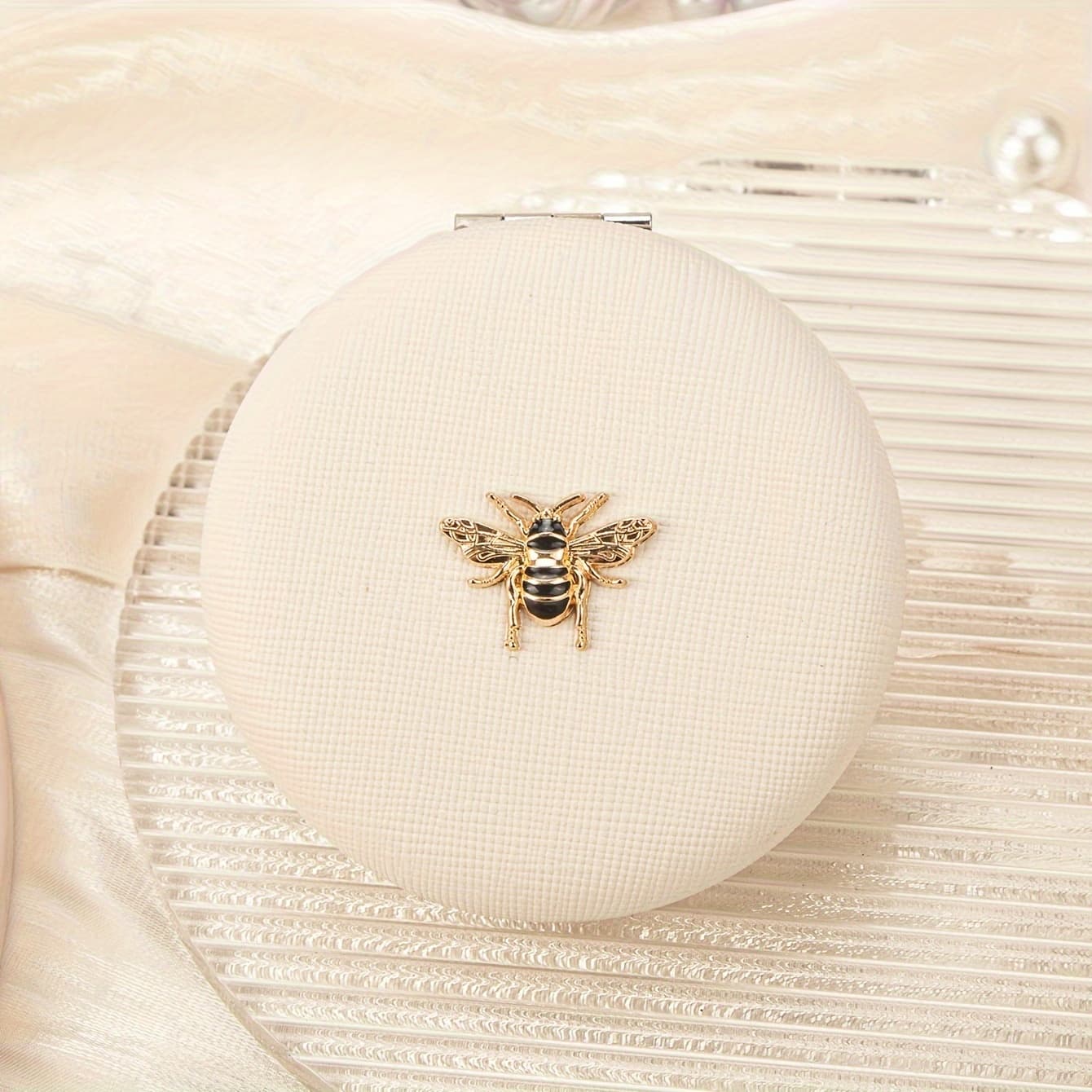 TEMU 1pc Glitter Leather Inlaid Golden 7cm Round-shaped Double-sided Makeup Mirror, Multiple Colors ! Perfect Gift For , Holiday Birthday Gift