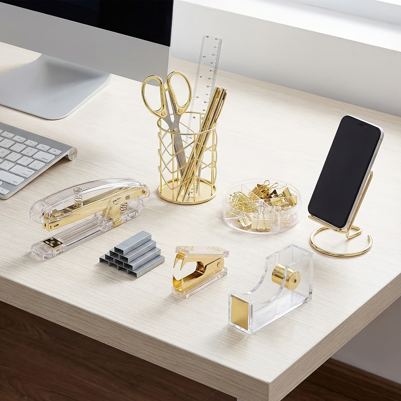 TEMU Tomnk Acrylic Desk Accessory Gift Set Of 10, Office Kit, Stylish And Functional Desk Supplies, Space-saving, Perfect Gift For Students, Stationery Lovers And Office, Rose Golden/golden