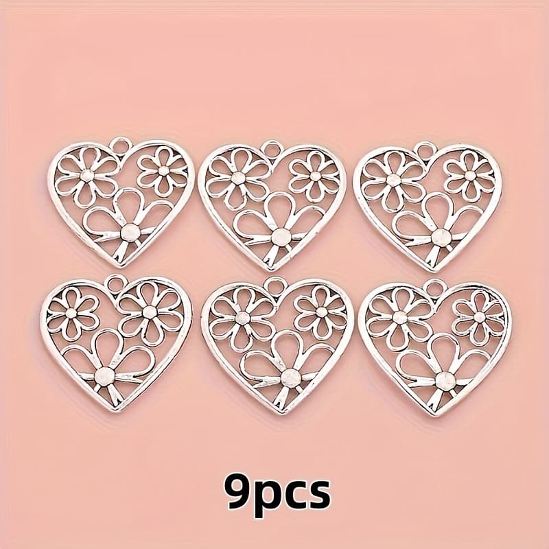 TEMU 9pcs Alloy Heart & Flower Pendants - Romantic Double-sided Charms Suitable For Making, Necklace, Bracelet, Earring Crafting - Floral & Heart Charms With Easy Assembly, Creative Gift Idea