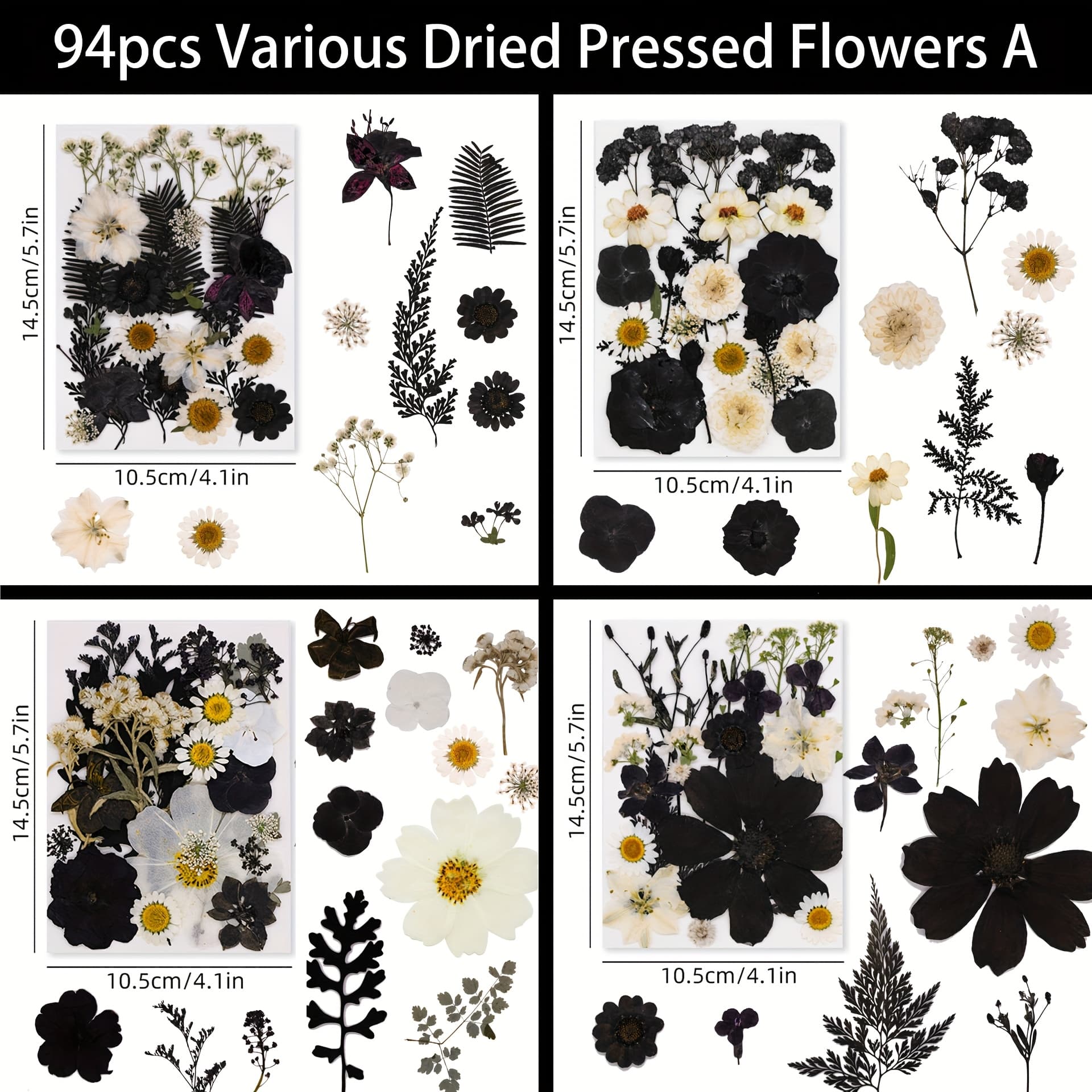 TEMU 94pcs Blacke Vibrant Dried Flowers And Leaves Set - Nature-inspired Decoration Kit For Diy Crafts, Resin Jewelry, Scrapbooking And More, Best For Christmas, Thanksgiving