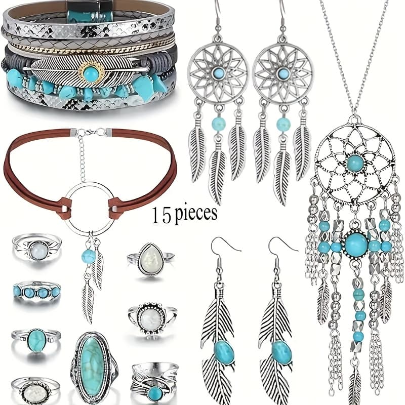 TEMU 15 Bohemian Western Style Synthetic Turquoise Necklaces, Earrings, Bracelets, And Ring Sets For Women' Vacations, Party Wear, Jewelry, Holiday Gifts