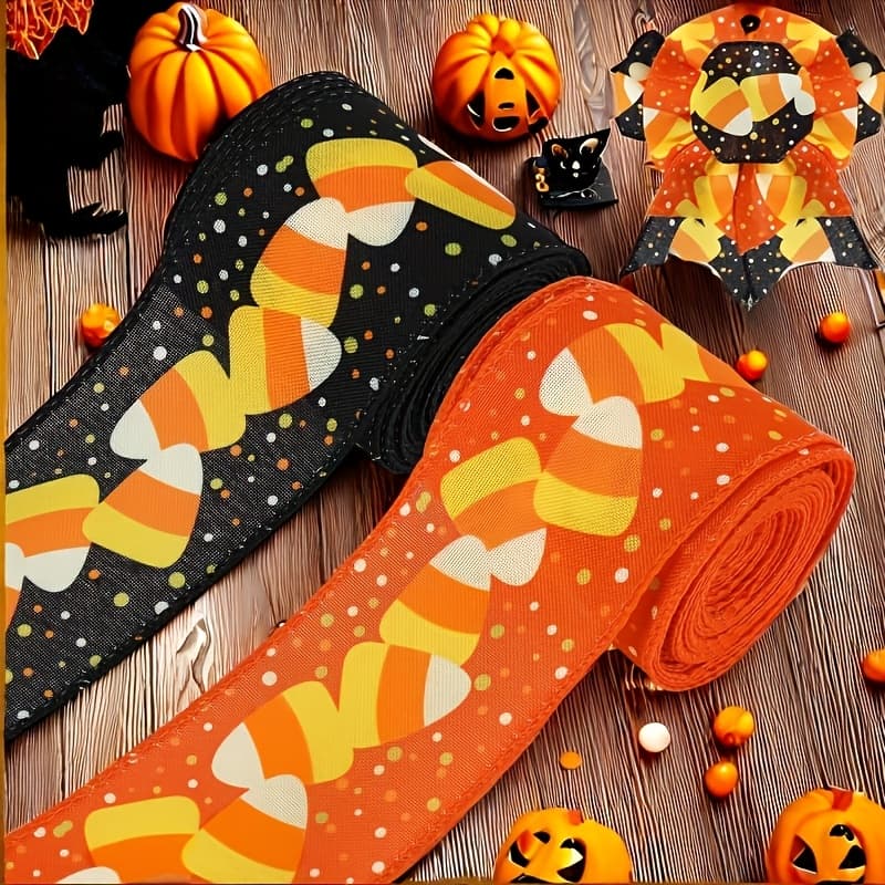 TEMU 10 Inches Halloween Candy Corn Ribbon - With Wire Edge Decorative Fabric, Suitable For Diy Crafts, Gift Wrapping, And Festive Bows, Gift Wrapping Supplies | Halloween Decoration | Craft Materials