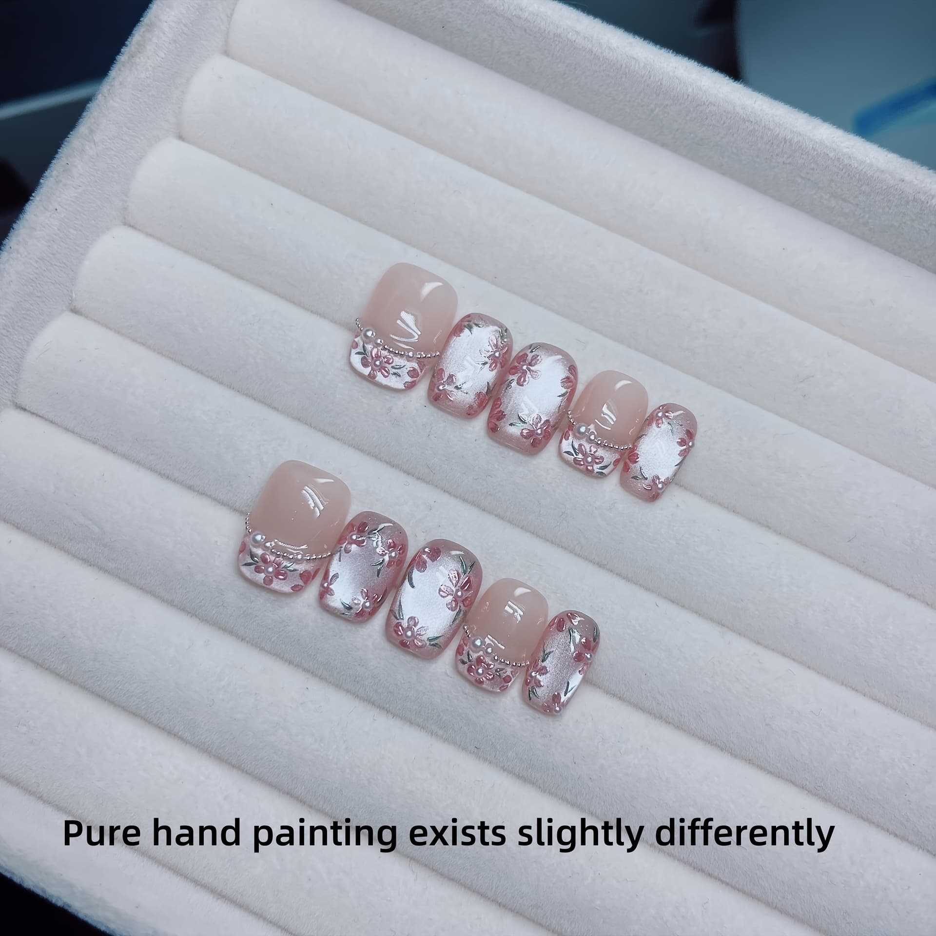 TEMU 10pcs Pink Hand-painted 3d Flower Chain French Bright Cat-eye Floral Wearable Nail Short Detachable Full Cover Fake Nails For Nail Art Diy Lovers Ladies And