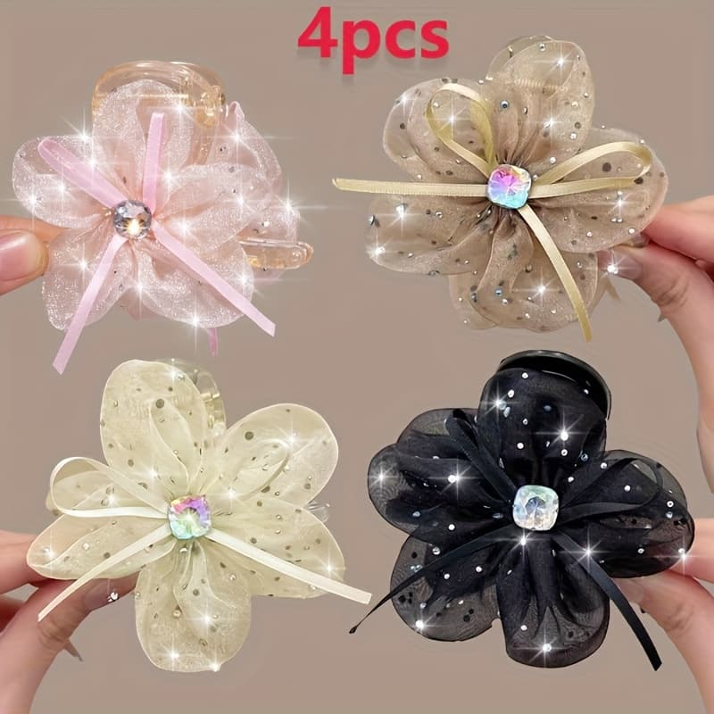 TEMU 4pcs New Mesh Flower Hair Claw Clips, Women's Fashion Shiny Bow Medium Hair Clips, Shark Clips, Wedding Party Hair Accessories, Suitable For Daily And Wedding Party Wear