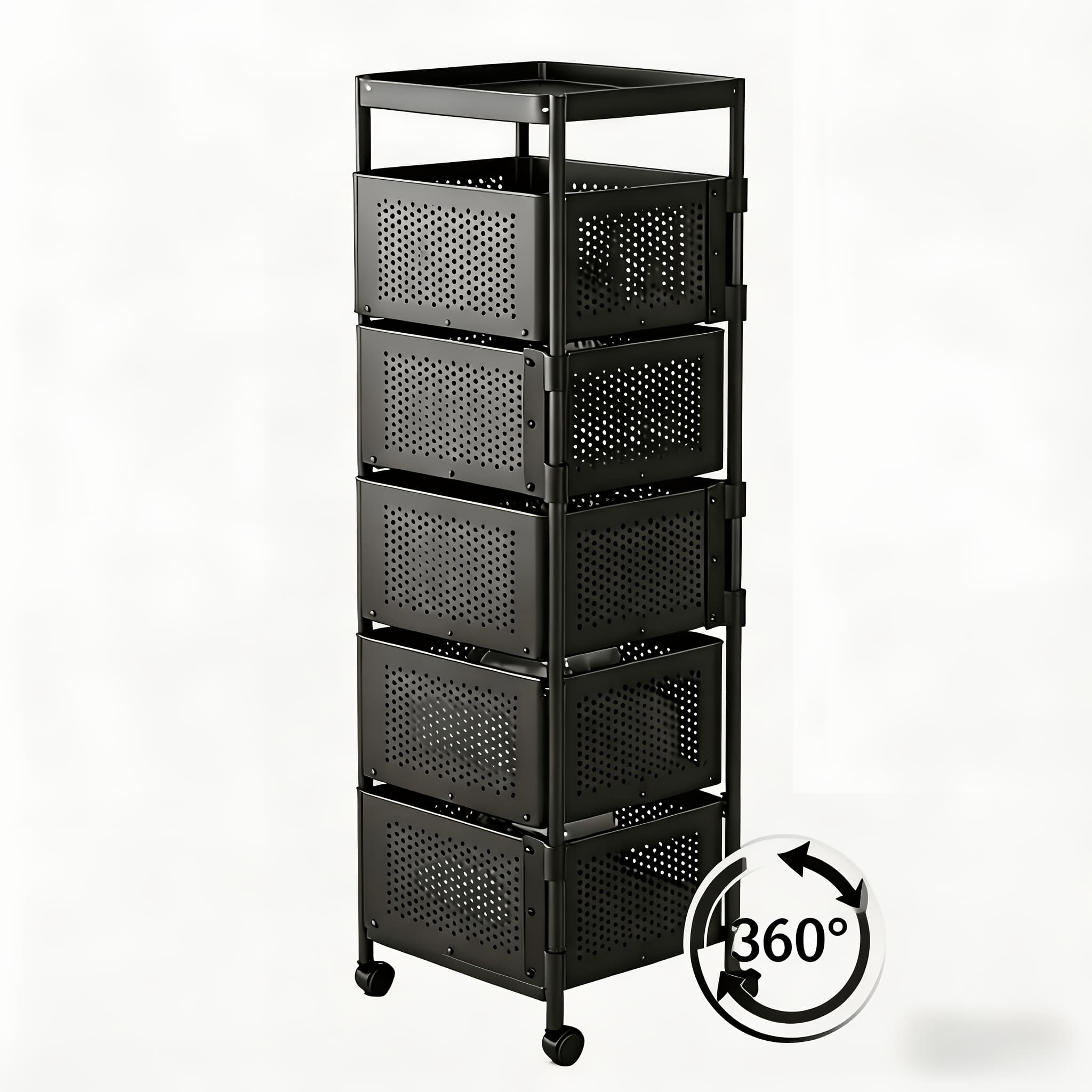 TEMU 5-tier Rotating Kitchen Storage Rack, Metal Fruit And Vegetable Storage Basket With Wheels, Floor-standing Storage Basket, Suitable For Kitchen And Bathroom, Square Vertical Storage Rack.