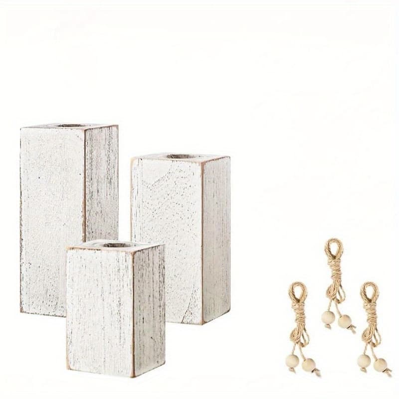 TEMU 3pcs Rustic Holders - Farmhouse Distressed Candlesticks For Pillar Candles - Father's Day Gift For Dad - Vintage Home Decor For Mantle & Table Centerpiece