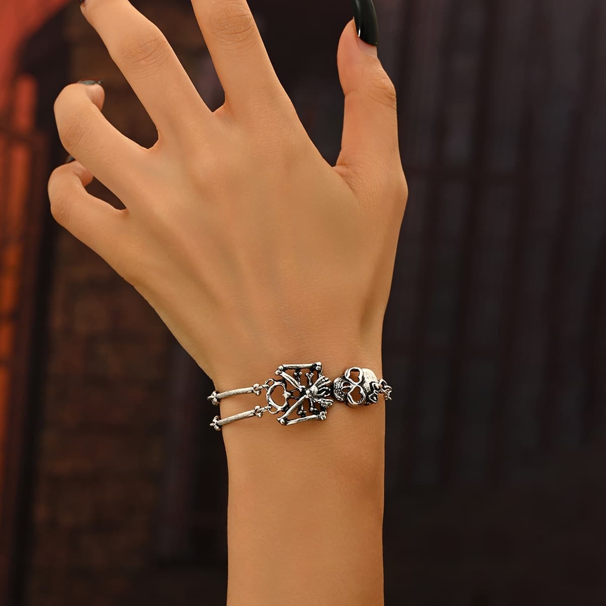 TEMU 1pc Minimalist Halloween Metal Articulated Skeleton Skull Adjustable Bracelet, Simple And Fashionable Heart- Bow Skull Skeleton Bracelet, Jewelry For Daily Wear And Parties