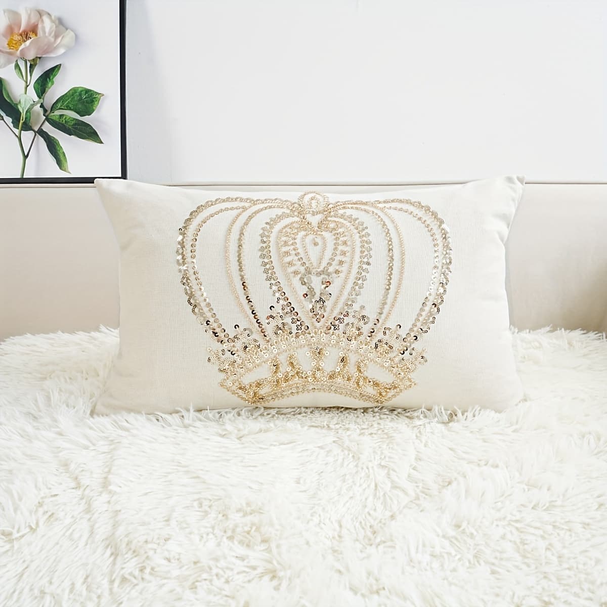 TEMU Crown Sequin Embroidery Pillow Cover - Versatile Home Decor, Zip Closure, Machine Washable