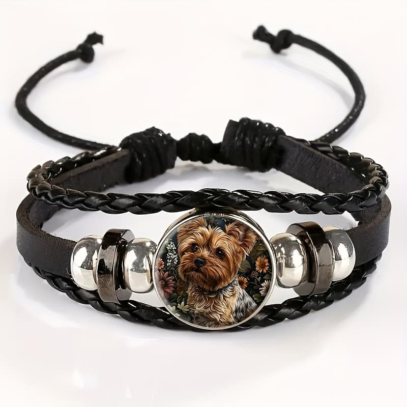 TEMU Adjustable Vintage Bracelet With Yorkshire Terrier Portrait Pendant In - Stylish Black Leather Wristband, Durable Everyday Jewelry Gift For Pet Lovers, For Teenager