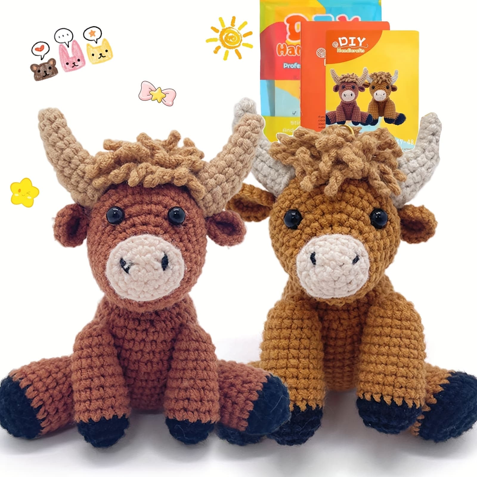 TEMU Highland Cow Crochet Kit For Beginners, 2pcs Animals Amigurumi Crochet Starter Kit With Video Tutorial, Easy Knitting Set For Adults For All Age Crocheting Doll Gift