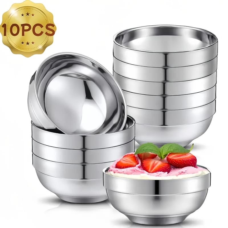 TEMU 10pcs, Double-layer Stainless Steel Geometric Round Polished Metal Bowl, Rust Resistant Heat Insulation Anti-shatter Soup Bowl, Dessert Bowl, Rice Bowl For Home Kitchen Restaurant Hotel