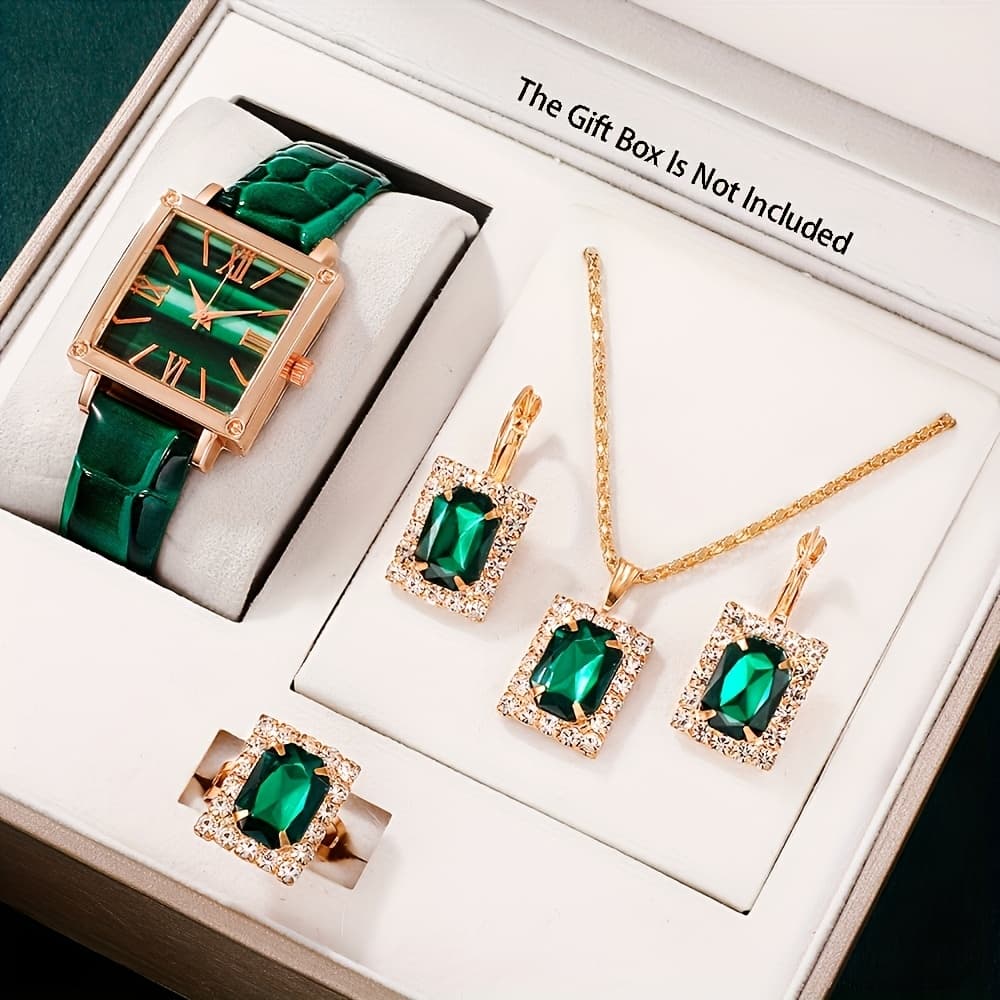 TEMU 5pcs Elegant Women's Dial Quartz Watch, Ring Earrings Necklace Fashion Jewelry Set