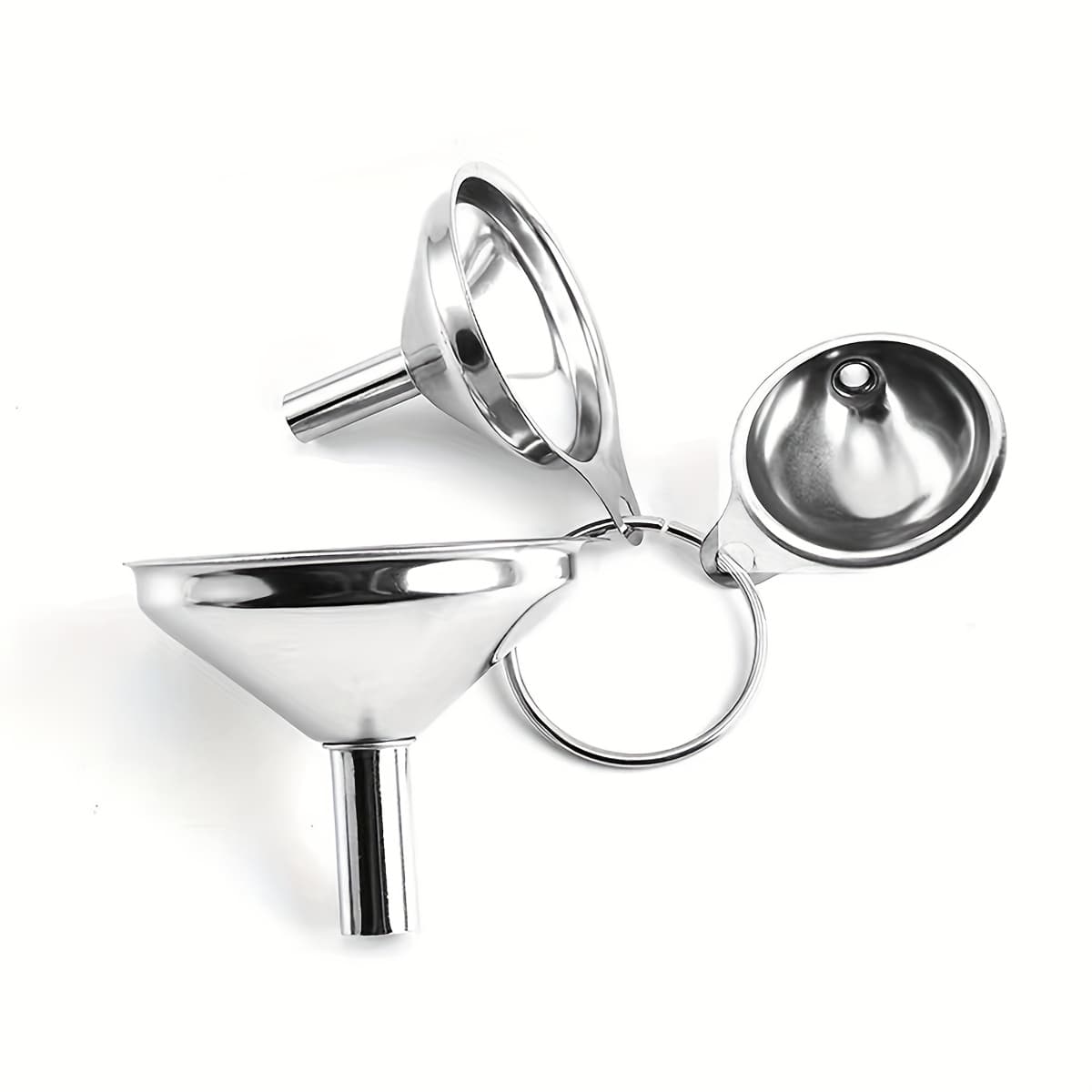TEMU 3pcs Stainless Steel Funnel Set For Kitchen Use, Suitable For Pouring Oil, Multi-functional, Includes Mini Funnels With Small And Large Diameters