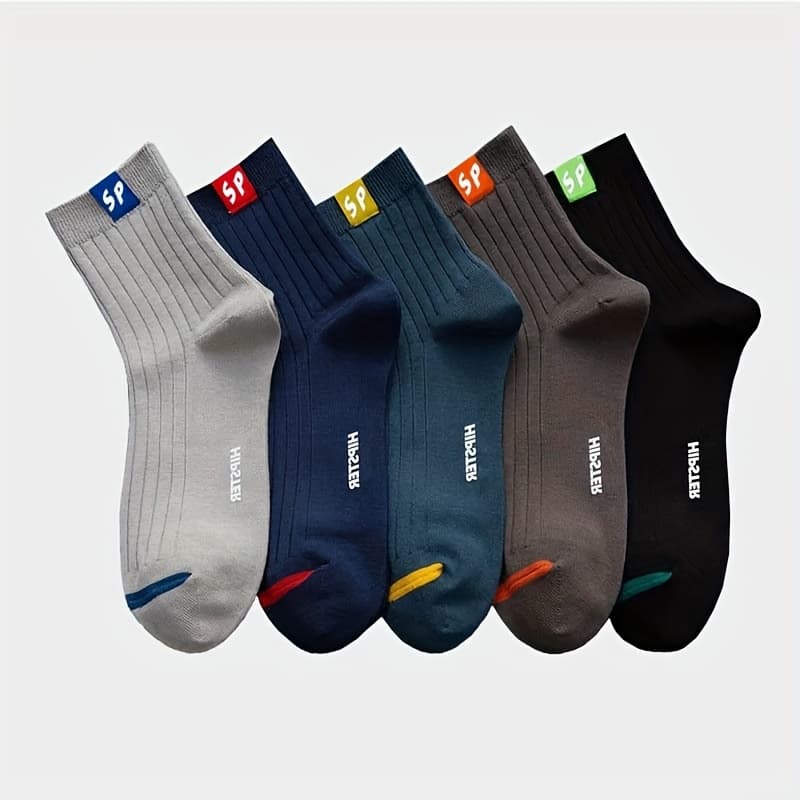 TEMU 5-color, 5-pair Polyester Socks For Men, Mid Tube Socks, Breathable, Soft, Fashionable, Neutral Socks, Letter Socks, All Season Lightweight Socks