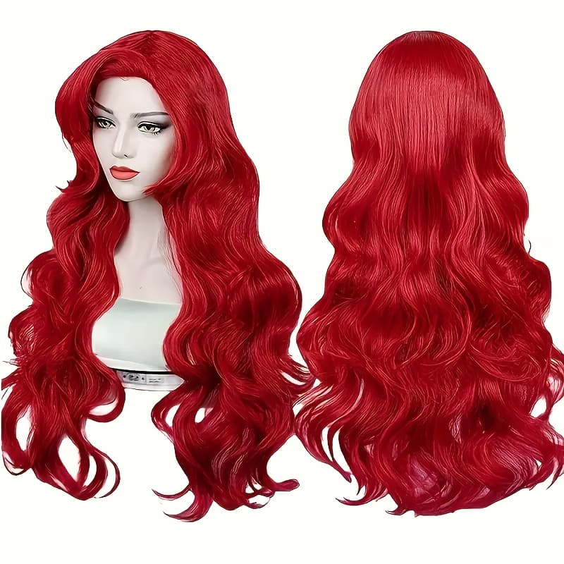 TEMU Red Long Wavy Wig With Side Bangs For Western Women, Suitable For Everyday , , And Holiday Cosplay