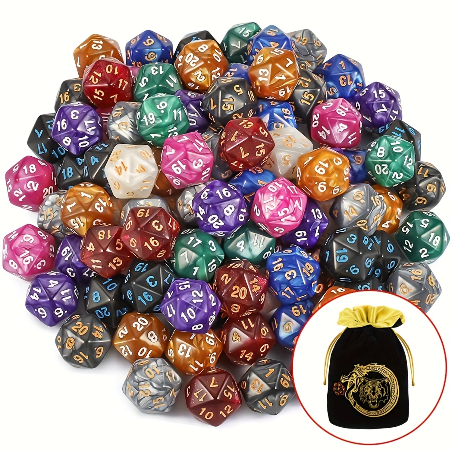 TEMU 100pcs Set Ciaraq With Dragon-tiger Storage Bag - 10-color D20, D20 Dice For D&d Rpg, Mtg, Tabletop Games - Polyhedral Dice With Large Bag, For Gifts (halloween/christmas)
