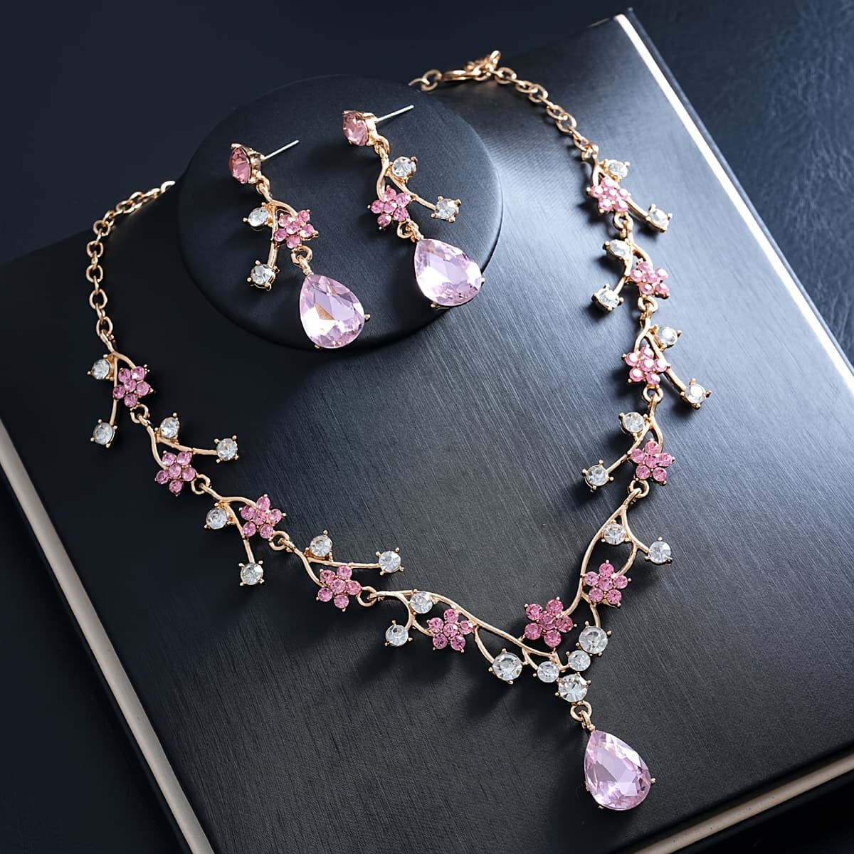 TEMU Elegant Pink Necklace And Earrings 2pcs Set, Light Bridal Wedding Jewelry, , Suitable For Daily Wear, Banquets, , Gifts