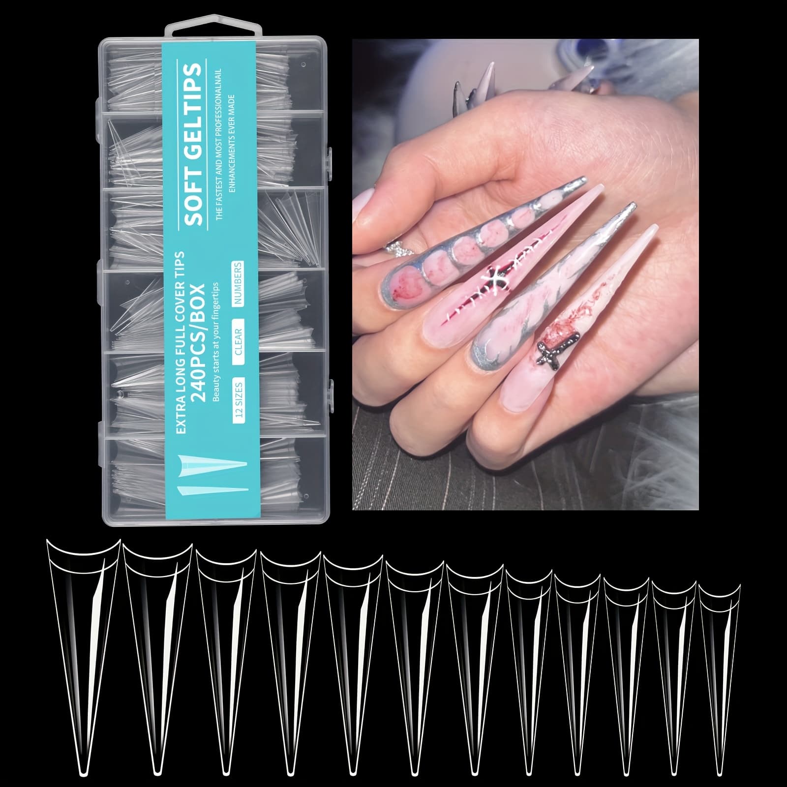 TEMU 240pcs Xxl False Nails Super Long Stiletto Nails Press On Nail Full Gel Tips Nail Art American Fake Tips