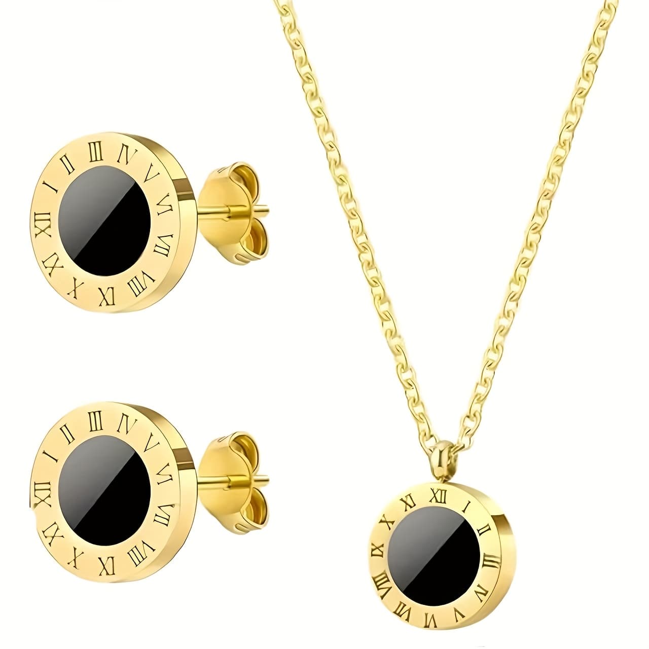 TEMU 2pcs Set Luxury Classic Roman Numeral Stainless Steel Earrings Necklace Black And White Pendant Jewelry Set Women's