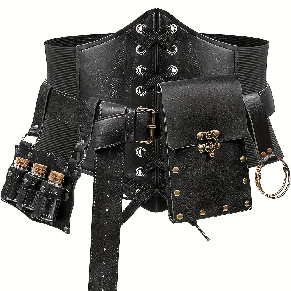 TEMU 5pcs Renaissance Costume Set: Pu Belt, Corset, Potion Bottle, Sword Sheath, And Hook - Perfect For Medieval Festivals And Halloween Cosplay For Adults