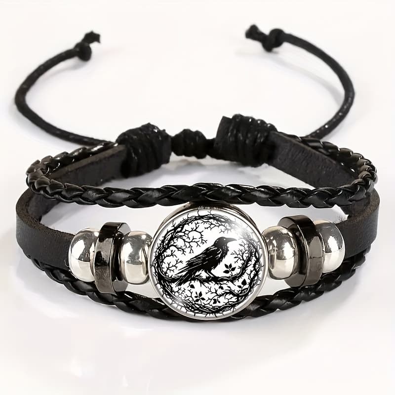 TEMU Adjustable Vintage Bracelet With Branch Silhouette Pendant - Stylish Black Leather Wristband For Casual Attire, For Teenager