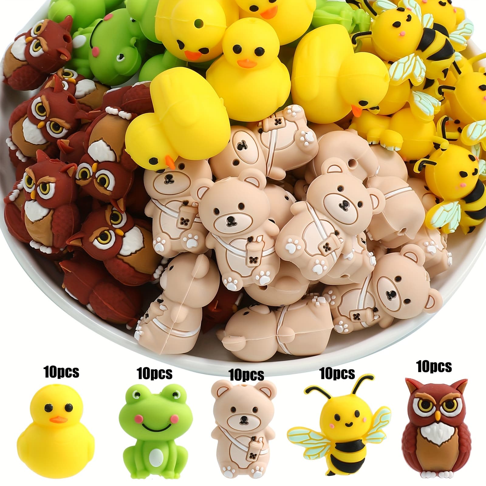 TEMU 50pcs Christmas Gift Silicone Beads Set, 3d Animal Duck, Owl, Elephant And Frog Hanging, And Keychain Making, Perfect Bangle, Necklace, Earring, Phone Chain And Handicrafts