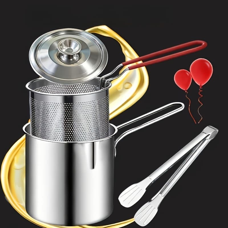 TEMU Stainless Steel Deep Fryer With Strainer And Clips, Versatile Frying Pot For Potatoes Fish Chicken, Essential Kitchen Cooking Tool For