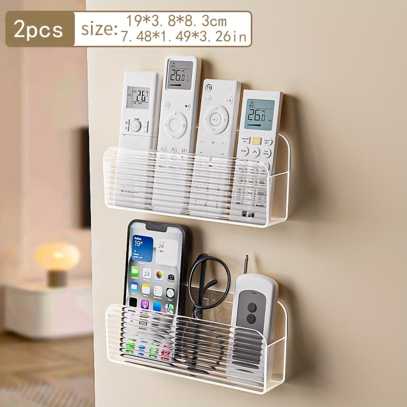 TEMU 1pc/2pcs Wall Hanging Remote Control Storage Box, Transparent Stripe Storage Box, Wall Hanging, Acrylic Transparent, Phone Stand