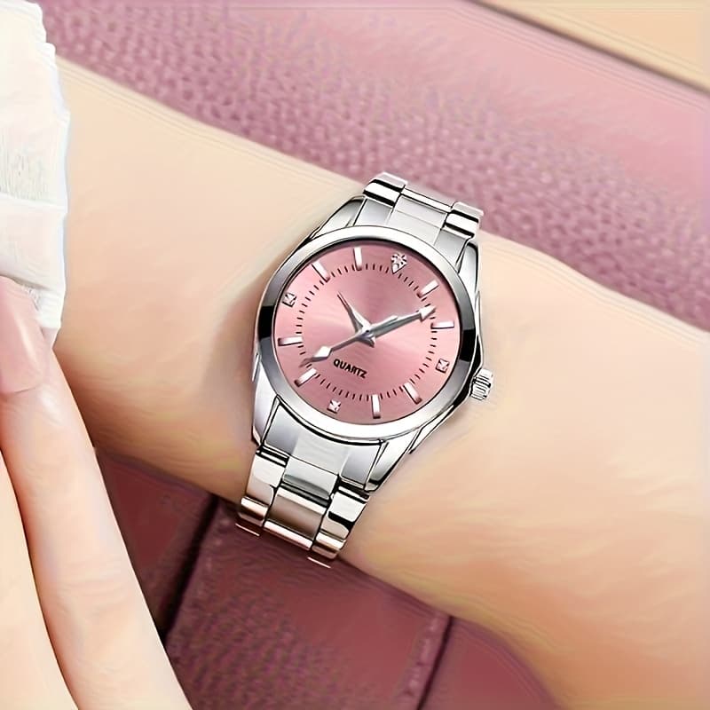 TEMU ' -encrusted Watch With Stainless Steel Strap & Quartz Movement - Elegant Minimalist Round Wristwatch Suitable For Business, Daily Wear, Special Occasions - Ladies' Gift