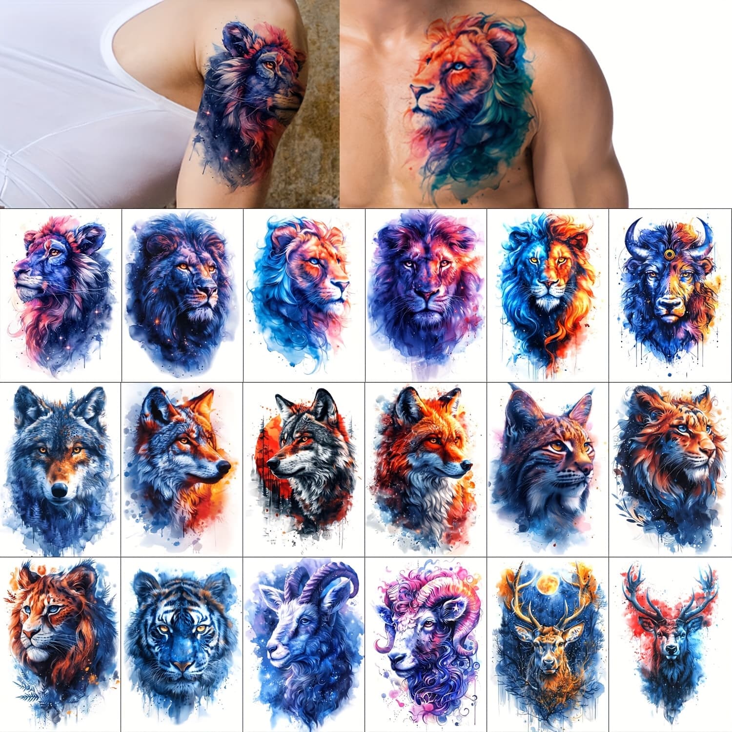 TEMU 18 Sheets Large Watercolor Temporary Tattoo, Long-lasting Animal Realistic Tattoos, Fake Tattoo Stickers, For Body Half Arm Tattoos