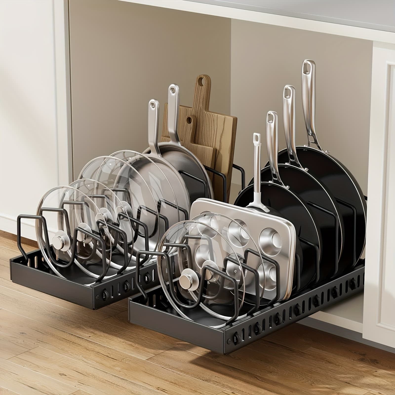 TEMU Pull Out Pot Lids Organizer Rack, 2pcs Pots And Pans Organizer For Under Cabinet, Pot Lid Holder With 8 Adjustable Compartment For Kitchen Cabinet Cookware Baking