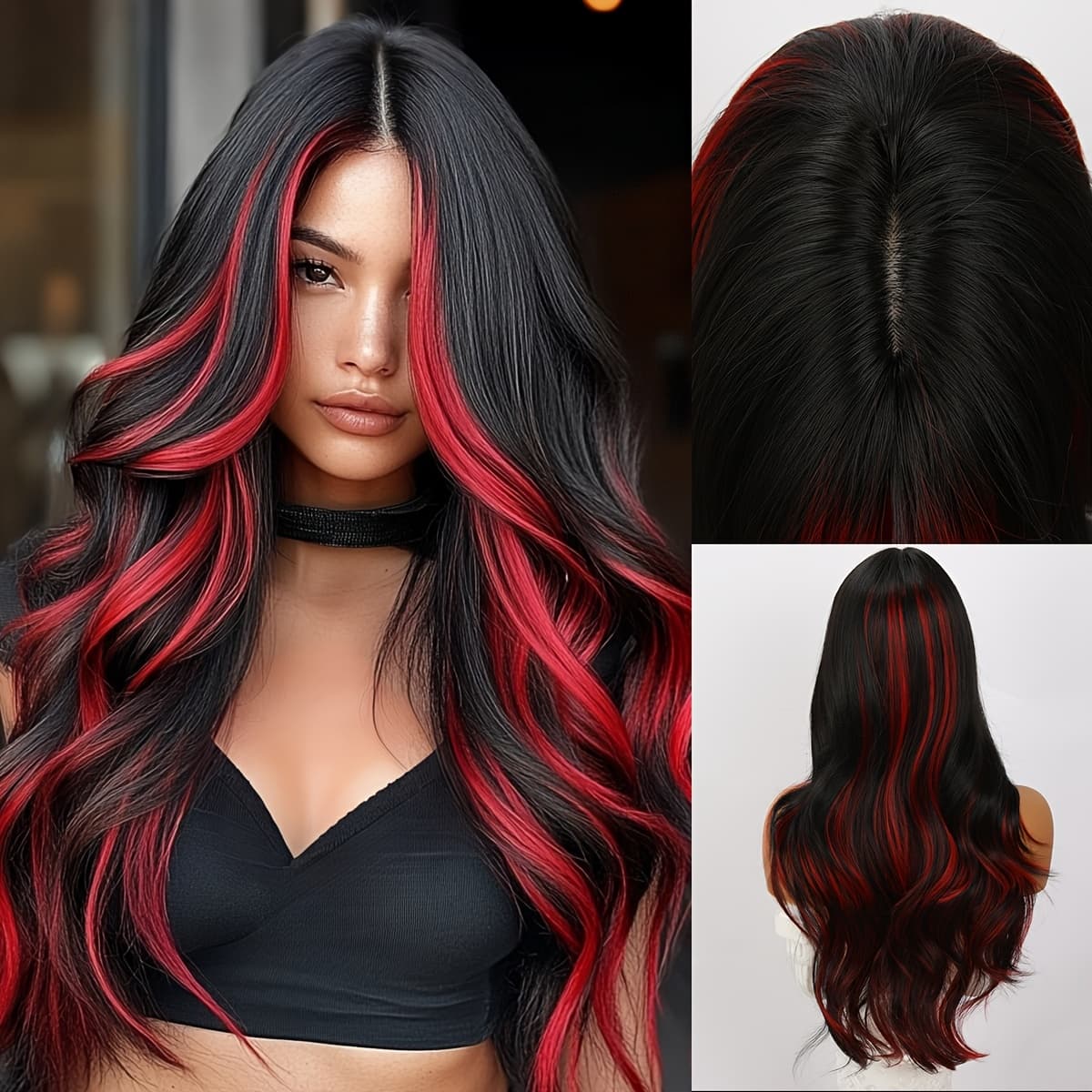 TEMU 24 Inches, Red Dyed, A-shaped Bangs, High-temperature, Rose , Suitable For Daily Wear, Event Wear, Ladies' Wig
