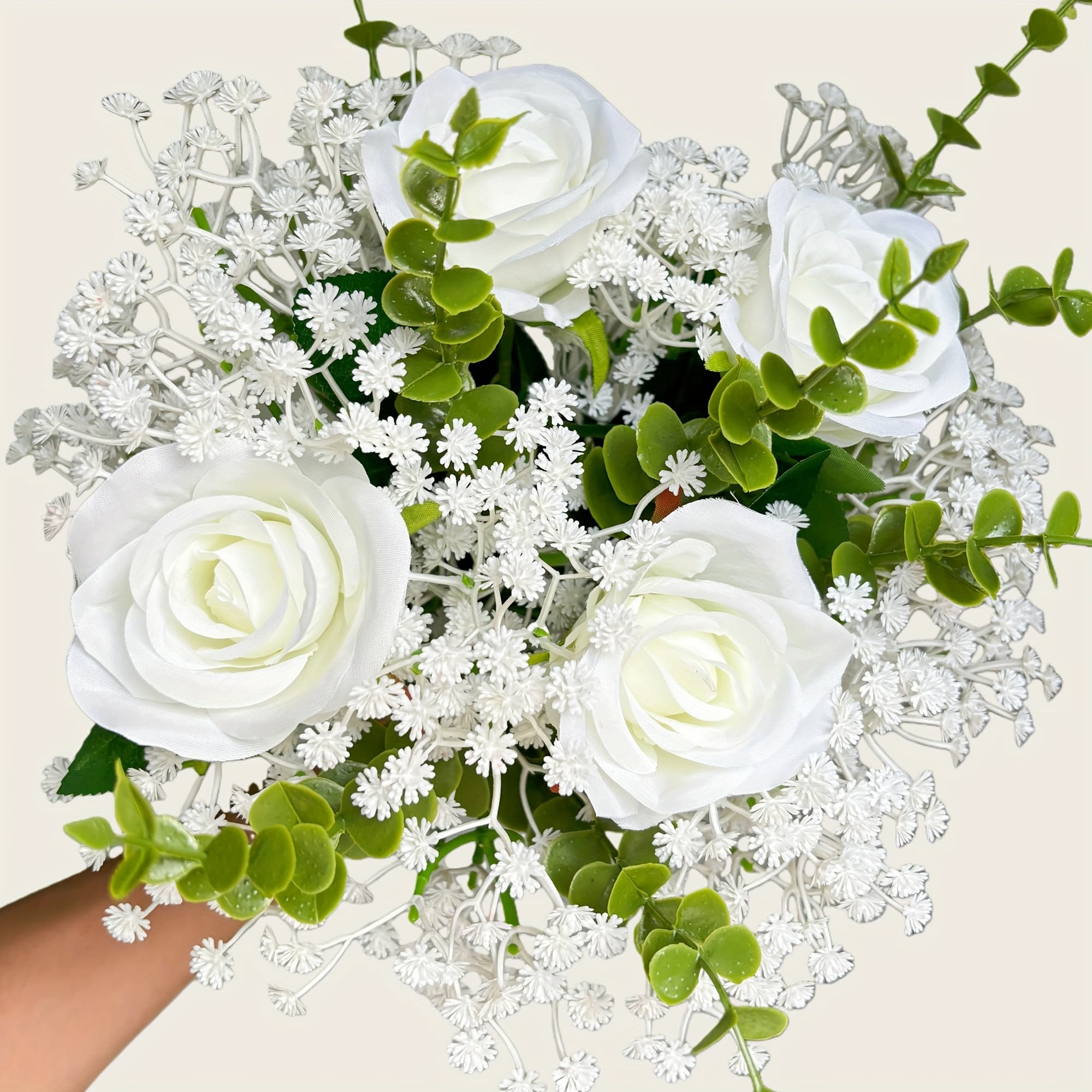 TEMU 32pcs Bouquet-612 Flowers- Roses With White Baby's Breath And Eucalyptus-perfect For Home Holidays Weddings Valentine's Day -no Maintenance Required, Forever