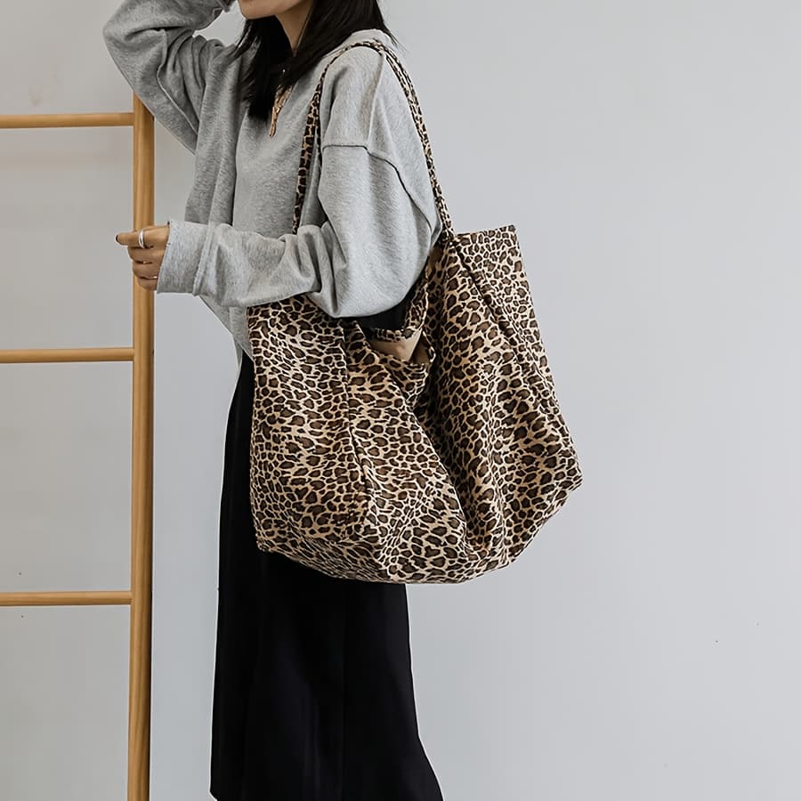 TEMU Large Bohemian Shoulder Bag With Leopard Print For Women, Spacious Hobo Purse For Casual Shopping, Trendy Everyday Tote