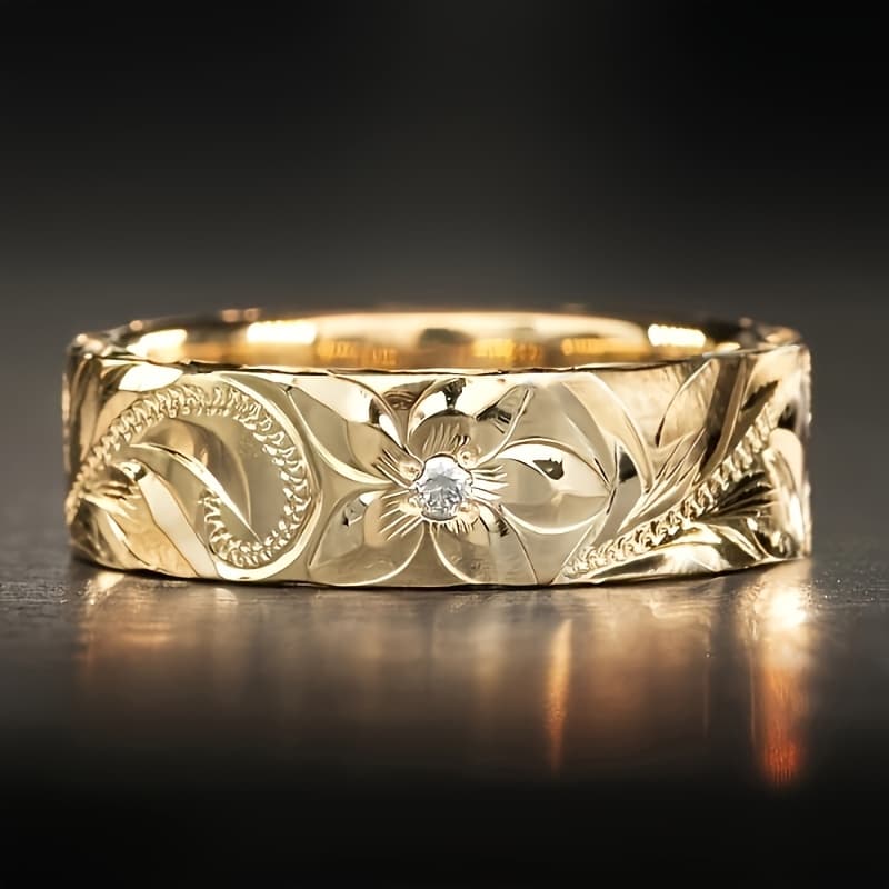 TEMU 1pc Women's Fashion Wide Band Ring Easy Vintage Carved Flower Inlaid Synthetic Zirconia Ring Women's Party Banquet Vacation Daily Casual Accessory