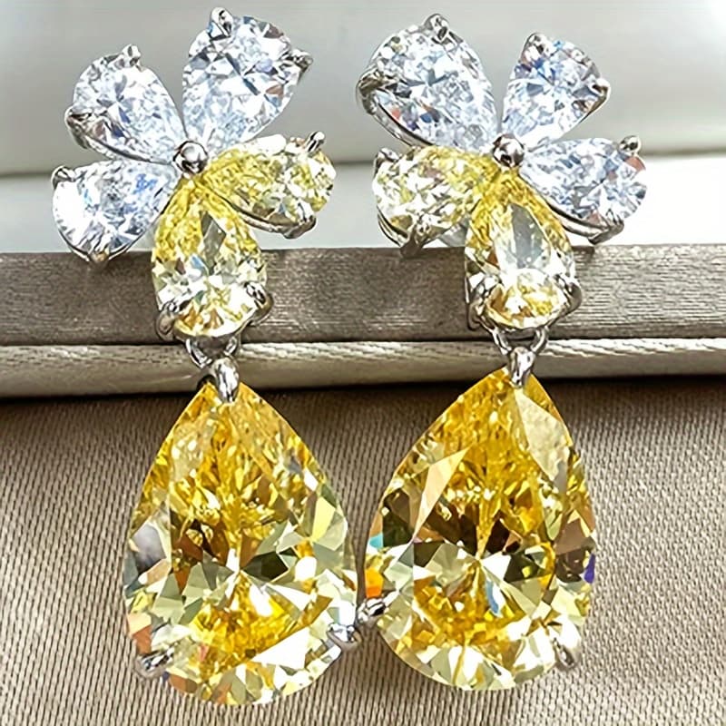 TEMU 1 Pair Of Women's Fashion Drop Earrings, Vintage Artistic Flower Teardrop Earrings Inlaid With Yellow Synthetic Synthetic Zirconia, Jewelry For Daily Casual And Banquet Wear