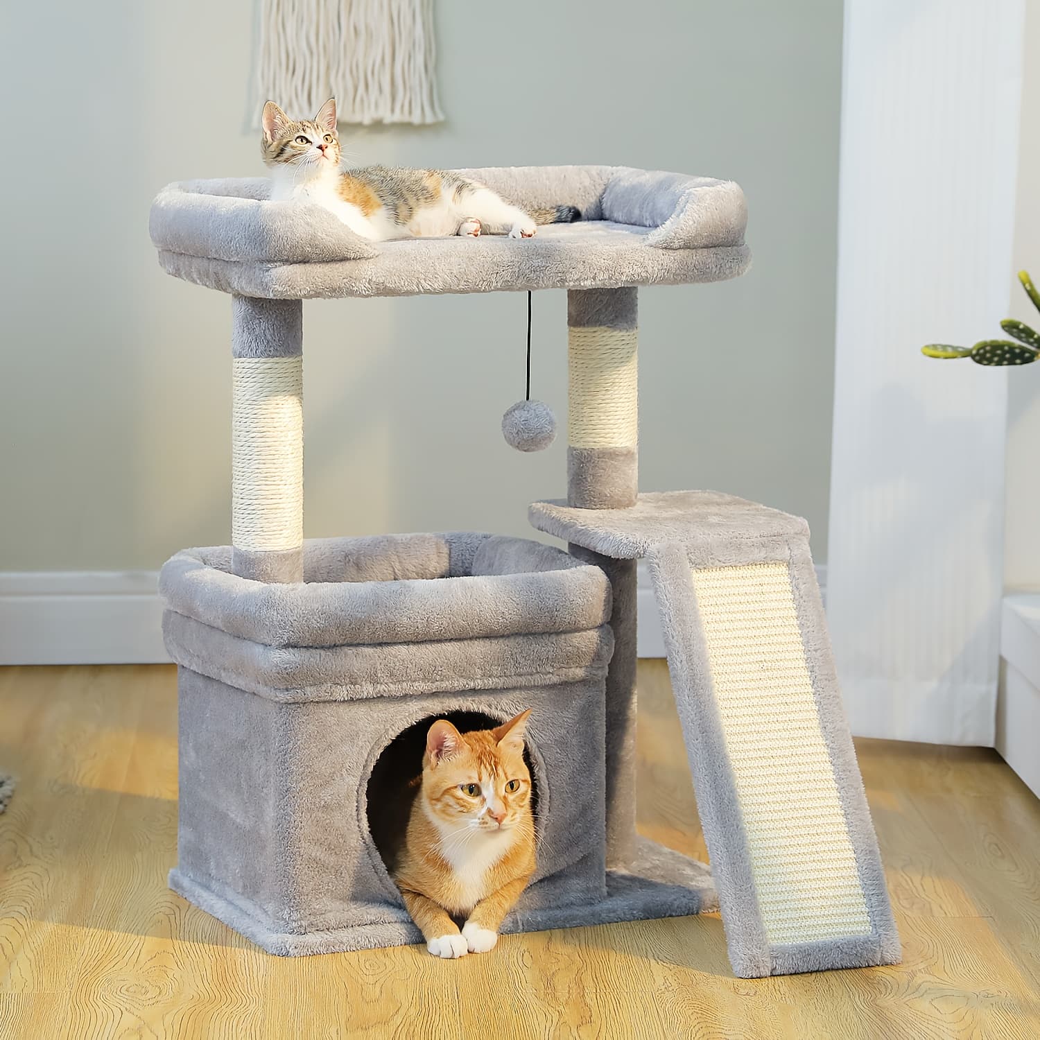 TEMU 27" Small Cat Tree Tower For Large Adult Cats With Perch, Private Cat Condo And Sisal Scratching Post&pad For Indoor Cats, Gray, Beige, Green