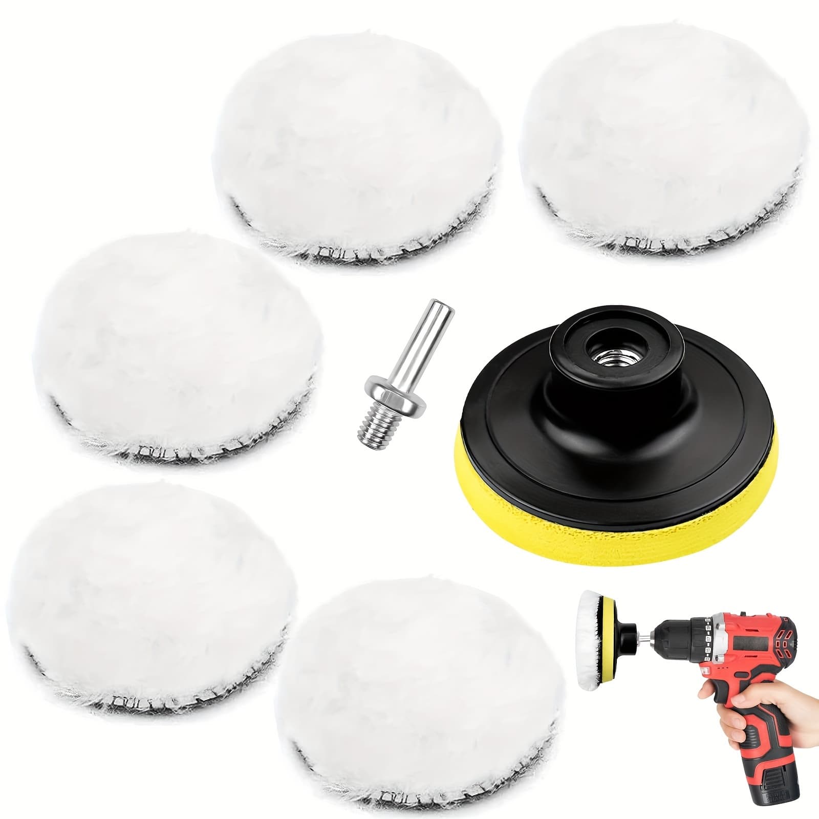 TEMU 7pcs Car Polishing Kit, Wool Pad For Sanding, Polishing & Waxing, With M10 Adapter, Other Textile Materials